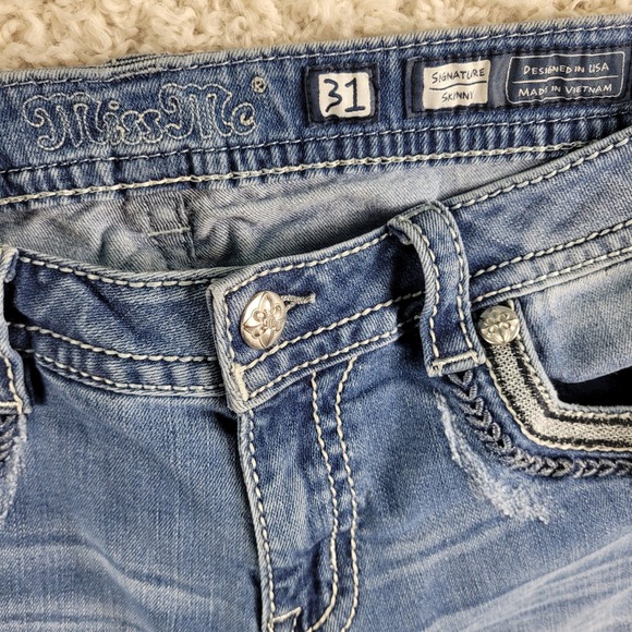 Miss Me Jeans Women's Size 31x30 Blue Skinny Embellished Aztec Flap Pockets - Picture 2 of 16